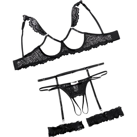Sensual Underwire Floral Lace Lingerie Set with Garter S-XXL - Nighttime Delight - Picture 1 of 6